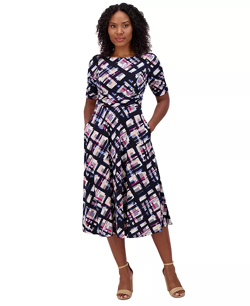 women's printed ruched-sleeve midi dress