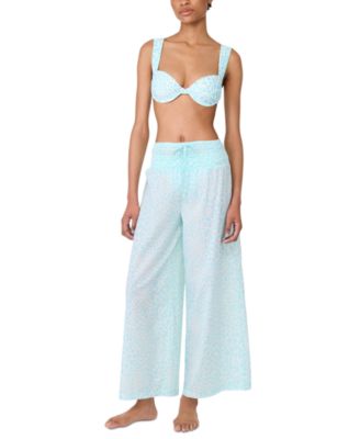 Womens Shirred Strap Bikini Top Cotton Smocked Waist Cover Up Pants