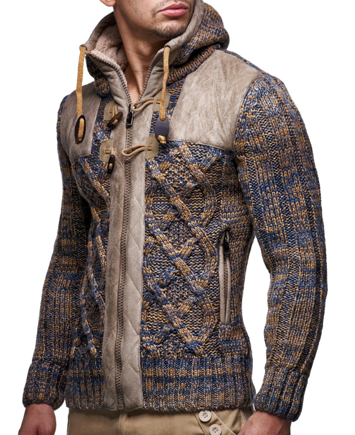Leif Nelson Men's Knit Zip-up Jacket With Geometric Patterns and Leather Accents