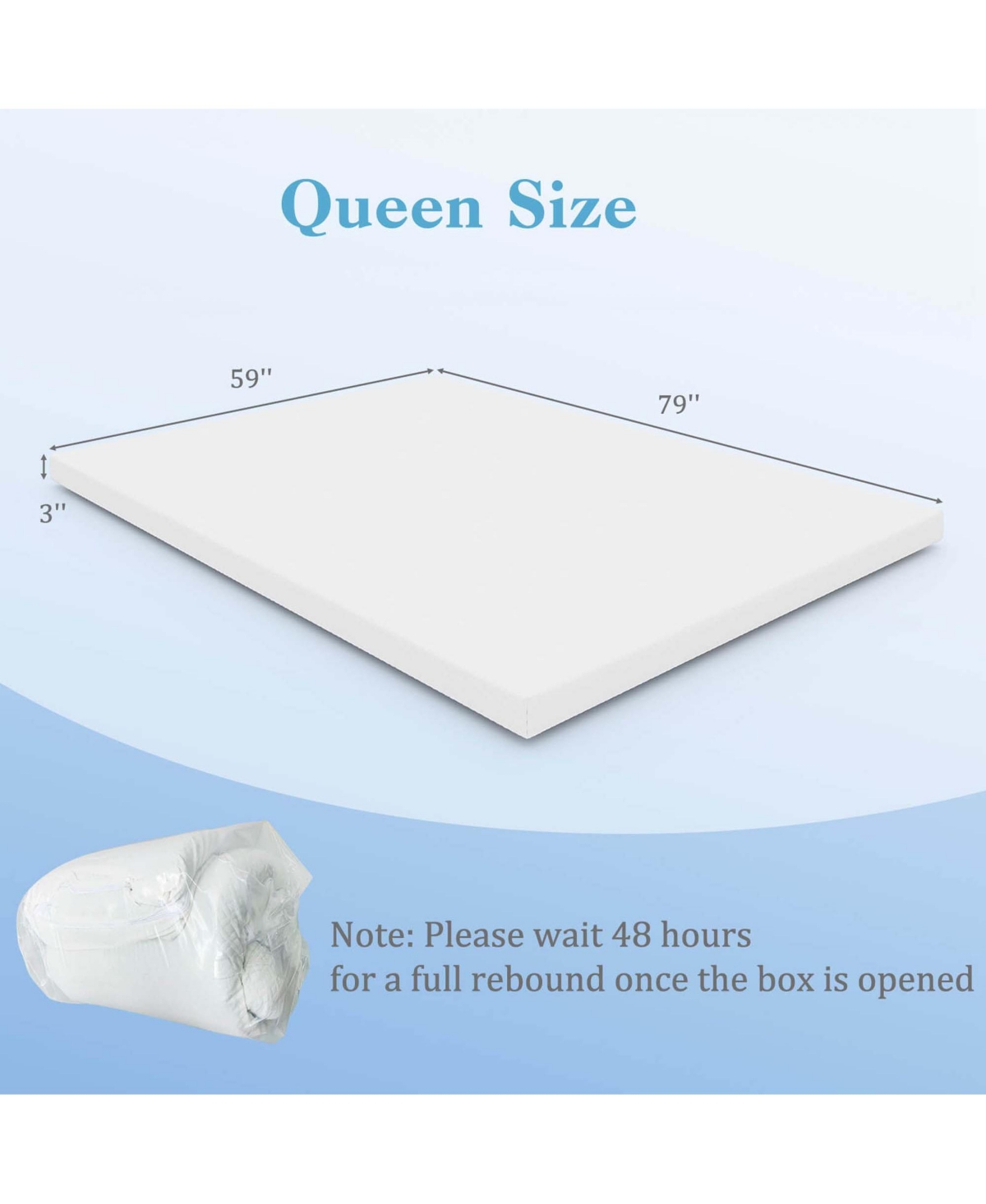 3" Gel-Infused Memory Foam Mattress Topper with Removable & Washable Cover