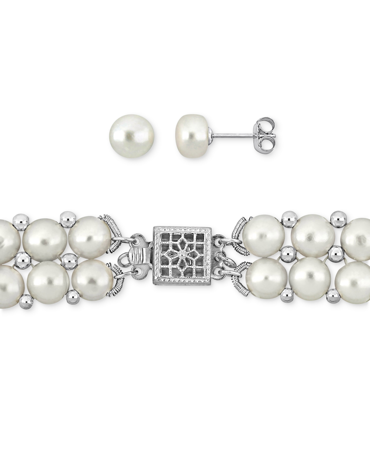 MACY'S CULTURED FRESHWATER PEARL (6-8MM) 3-PC. SET DOUBLE ROW STRAND NECKLACE, STRETCH BRACELET & STUD EARR 