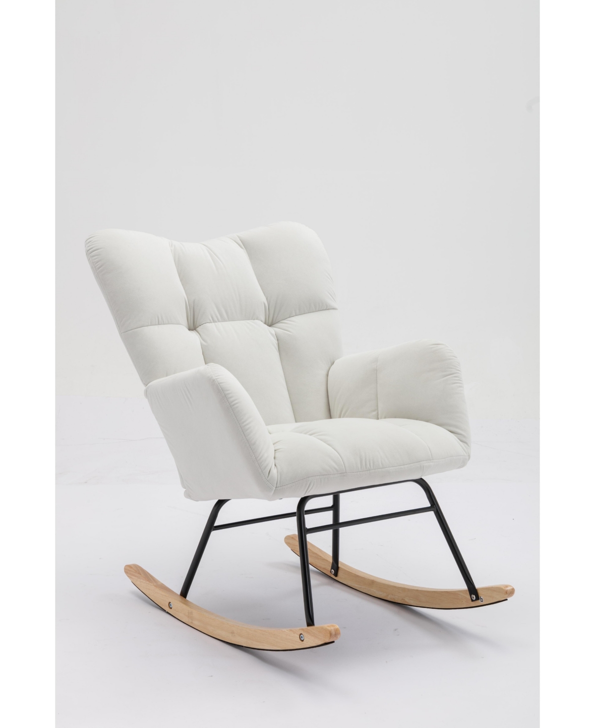 Streamdale Furniture Mid Century Modern Velvet Tufted Upholstered Rocking Chair Padded Seat for Living Room Bedroom,- White