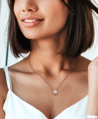 Cultured Freshwater Pearl (3-3-1/2mm) and Lab Grown White Sapphire (1/8 ct. t.w.) Flower 18" Pendant Necklace in Sterling Silver