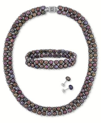Macy's - 3-Pc. Set Black Cultured Freshwater Pearl (6-8mm) Beaded Double-Row Strand Necklace, Stretch Bracelet & Stud Earrings in Sterling Silver