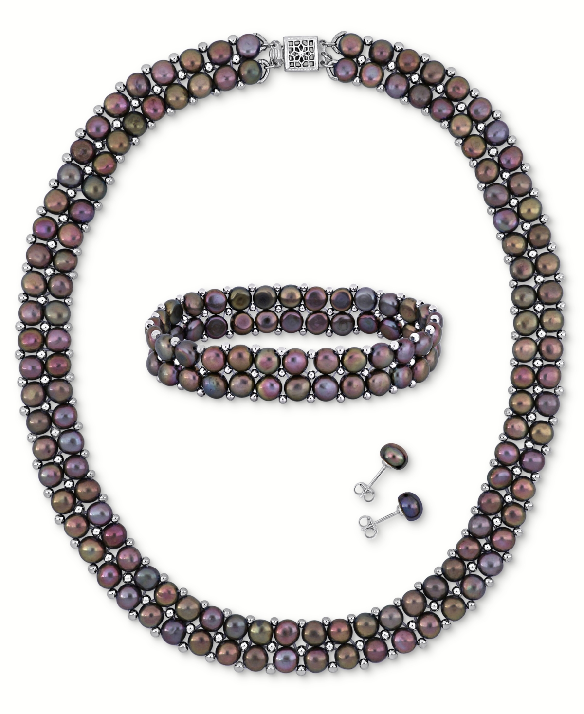 Macy's 3-pc. Set Black Cultured Freshwater Pearl (6-8mm) Beaded Double-row Strand Necklace, Stretch Bracele In Peacock Black