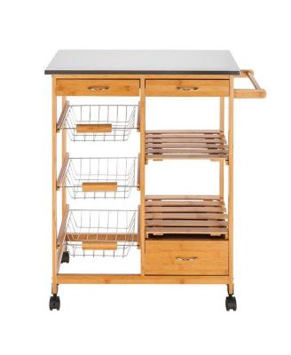 Moveable Kitchen Cart with Stainless Steel Table Top, Three Drawers, and Three Baskets in Burlywood for Versatile Storage and Convenience