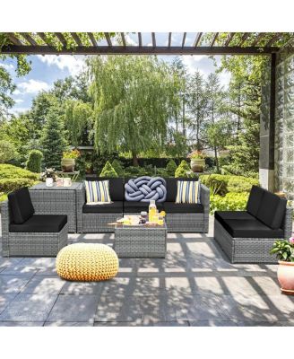 8 Piece Wicker Sofa Rattan Dinning Set Patio Furniture with Storage Table-Black