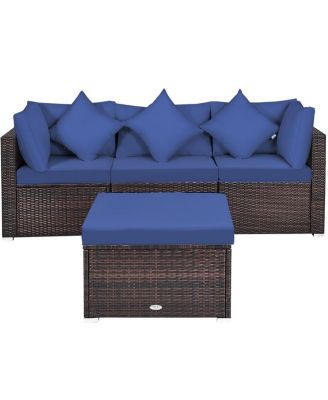 4 Pieces Ottoman Garden Patio Rattan Wicker Furniture Set with Cushion-Navy