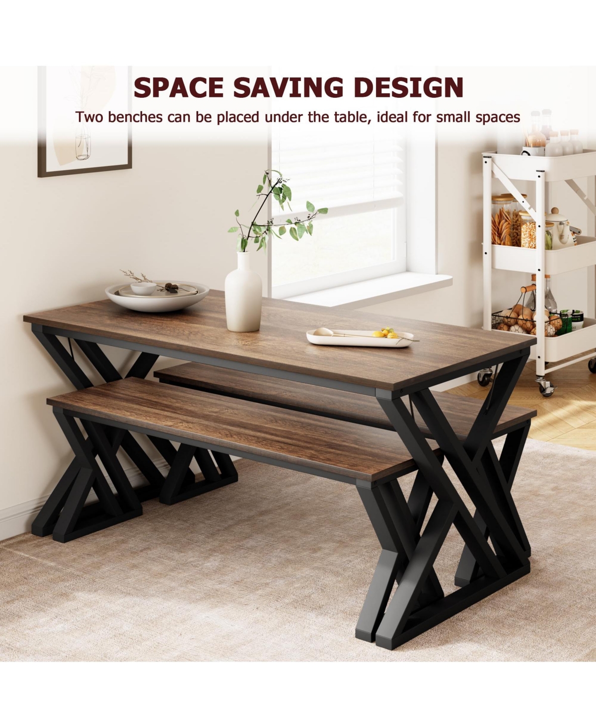 gaomon 55” Dining Table with Benches, Kitchen Table Set for 4-6, Rectangular Dining Room Table Set with Sturdy Metal Frame