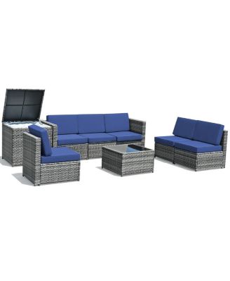 8 Piece Wicker Sofa Rattan Dinning Set Patio Furniture with Storage Table-Navy