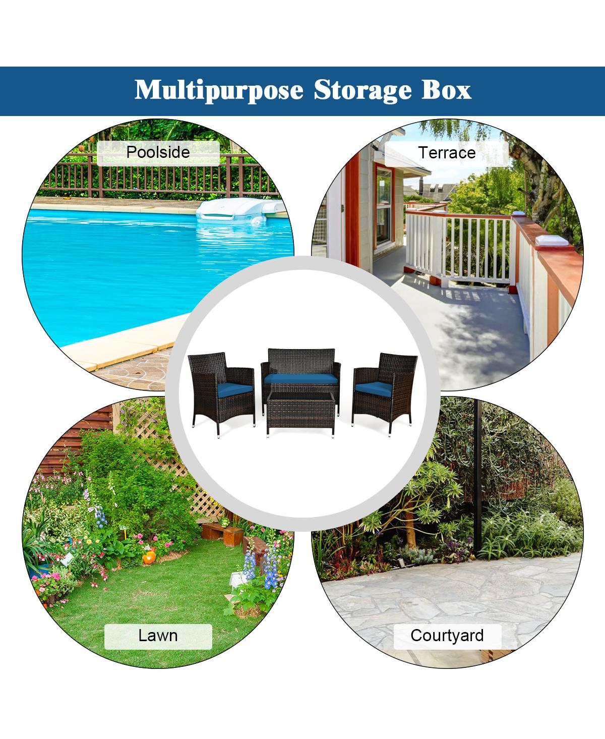 Sugift 4 Pieces Comfortable Outdoor Rattan Sofa Set with Glass Coffee Table-Peacock- Blue