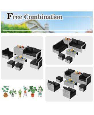 8 Pieces Patio Rattan Furniture Set with Storage Waterproof Cover and Cushion-Black