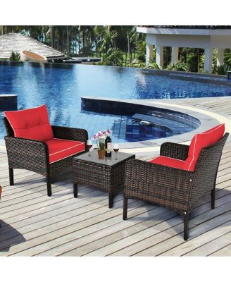 3 Pcs Outdoor Patio Rattan Conversation Set with Seat Cushions-Red