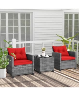 3 Pieces Outdoor Wicker Conversation Set with Tempered Glass Tabletop-Red