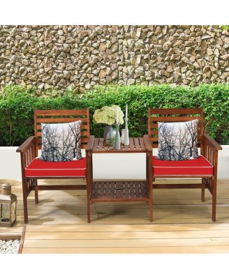 3 pcs Outdoor Patio Table Chairs Set Acacia Wood Loveseat-Red