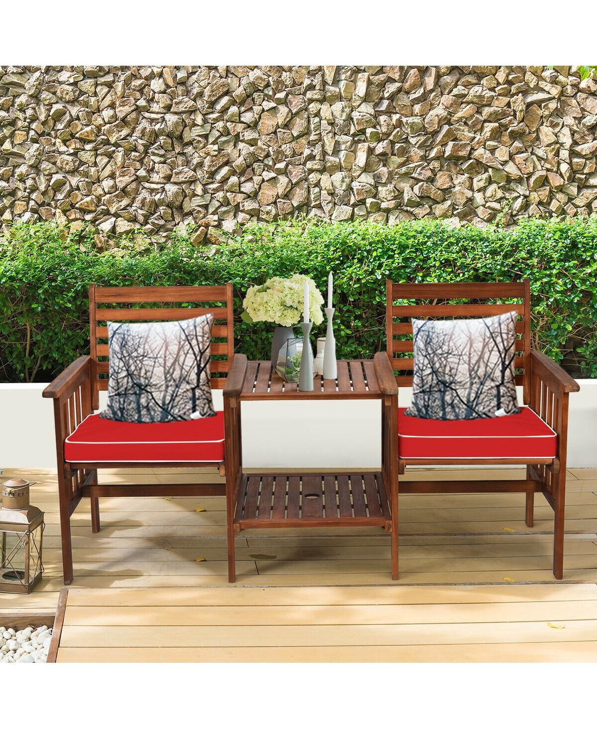 Sugift 3 pcs Outdoor Patio Table Chairs Set Acacia Wood Loveseat- Red
