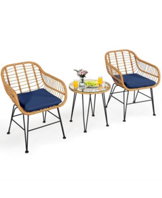 3 Pieces Rattan Furniture Set with Cushioned Chair Table-Navy