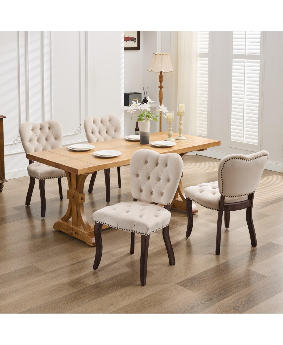 Streamdale Furniture French Vintage Tufted Upholstered Fabric Dining Chair, Set of 2 SW1869BG - Beige