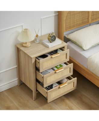 Nightstand, Rattan End Table, Nightstands with 3 Natural Rattan Drawers, Strong Support Wooden Structure, Side Table