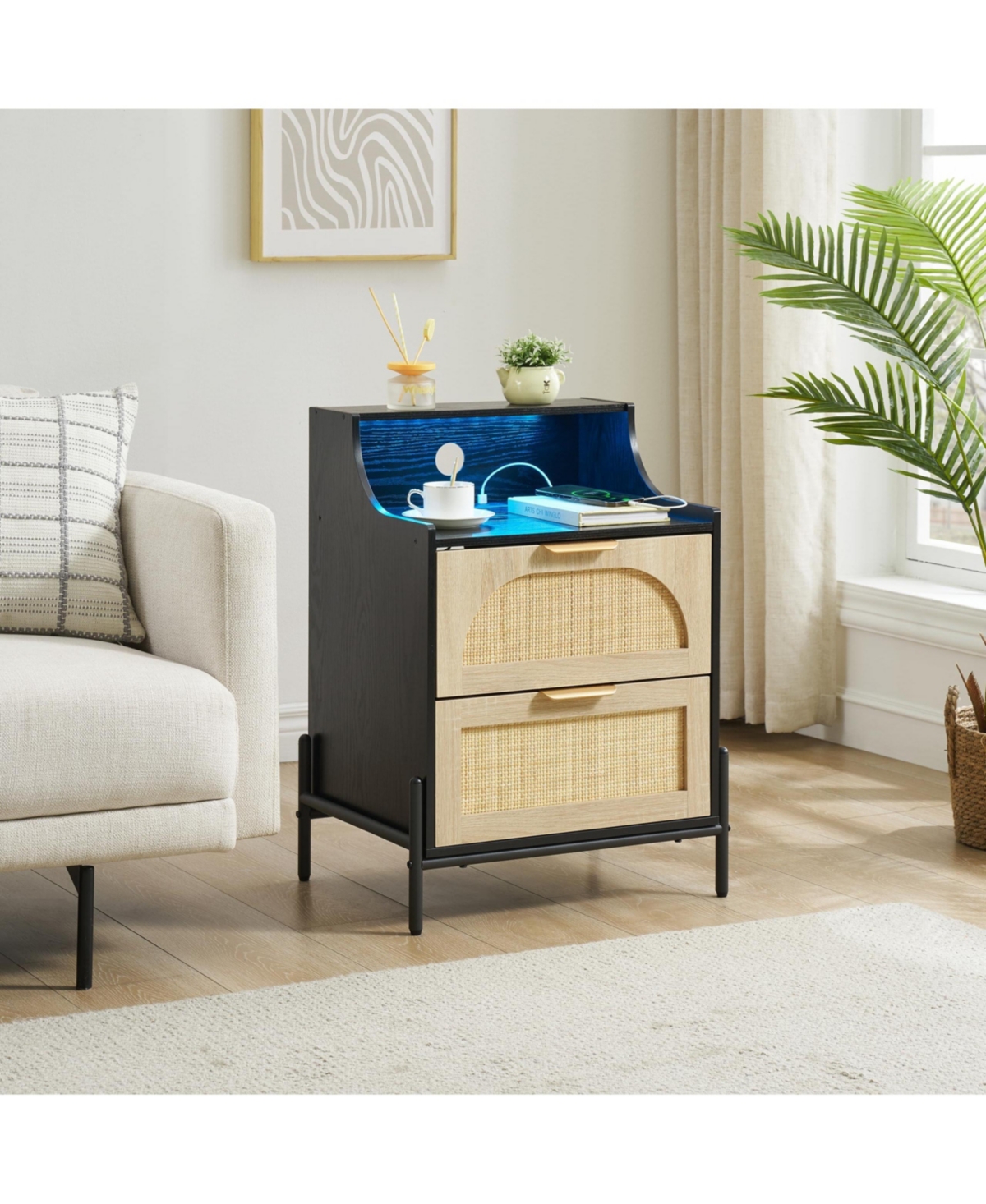 gaomon Rattan Nightstand with Charging Station and Led Lights, Bedside Table with 2 Storage Rattan Drawer, Storage End Table,- Black