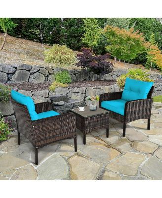 3 Pcs Outdoor Patio Rattan Conversation Set with Seat Cushions-Turquoise