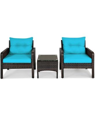 3 Pcs Outdoor Patio Rattan Conversation Set with Seat Cushions-Turquoise
