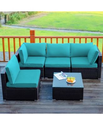 5 Pieces Cushioned Patio Rattan Furniture Set with Glass Table-Turquoise