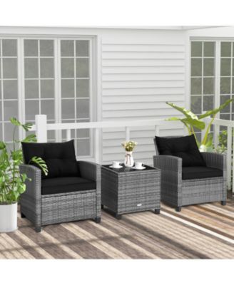 3 Pieces Outdoor Wicker Conversation Set with Tempered Glass Tabletop-Black