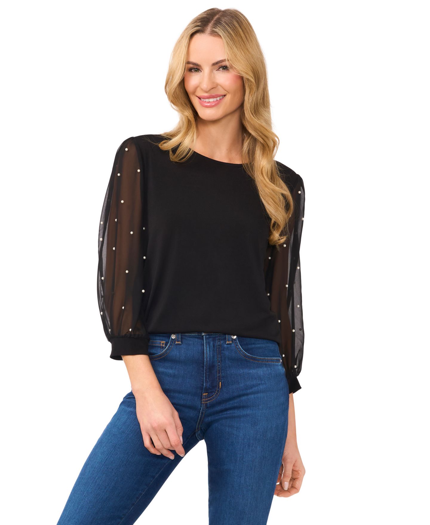 Женский топ CeCe Mixed Media Imitation-Pearl-Stud Top, цвет: Насыщенный чёрный — фото 1