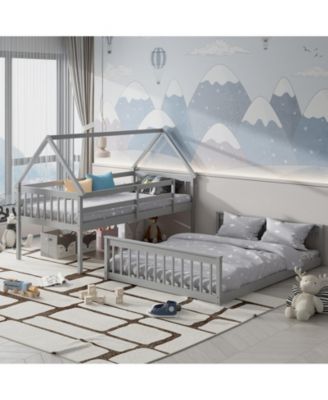 Twin Over Full House Bunk Bed with Ladder and Guardrails-Gray