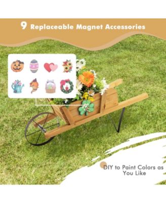 Wooden Wagon Planter with 9 Magnetic Accessories for Garden Yard
