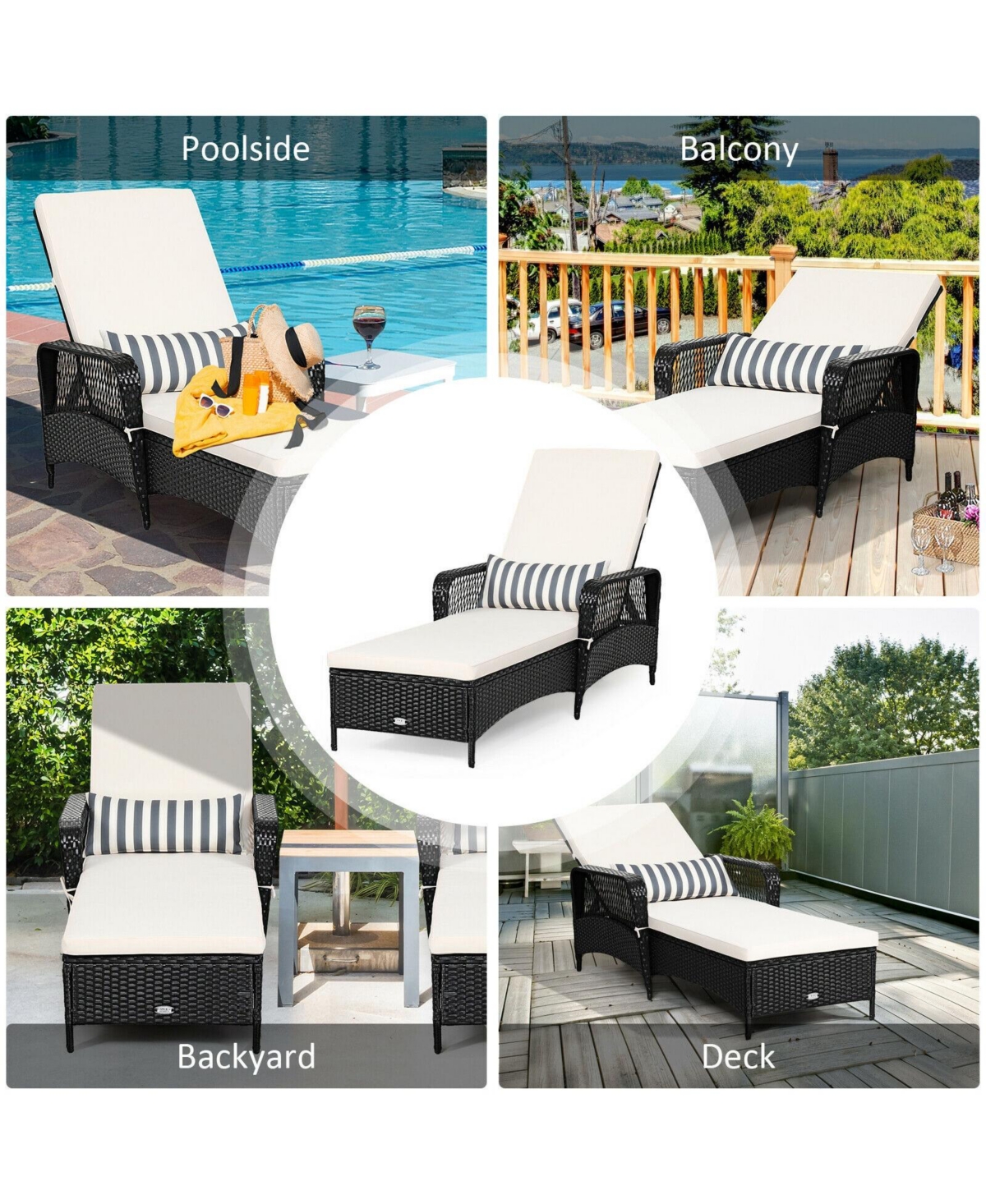 Sugift Pe Rattan Armrest Chaise Lounge Chair with Adjustable Pillow