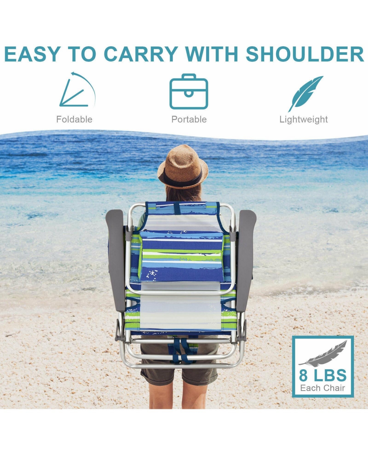 Sugift 4-Pack 5-Position Outdoor Folding Backpack Beach Reclining Chair with Pillow-Blue