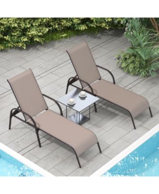 2 Pcs Outdoor Patio Lounge Chair Chaise Fabric with Adjustable Reclining Armrest-Brown