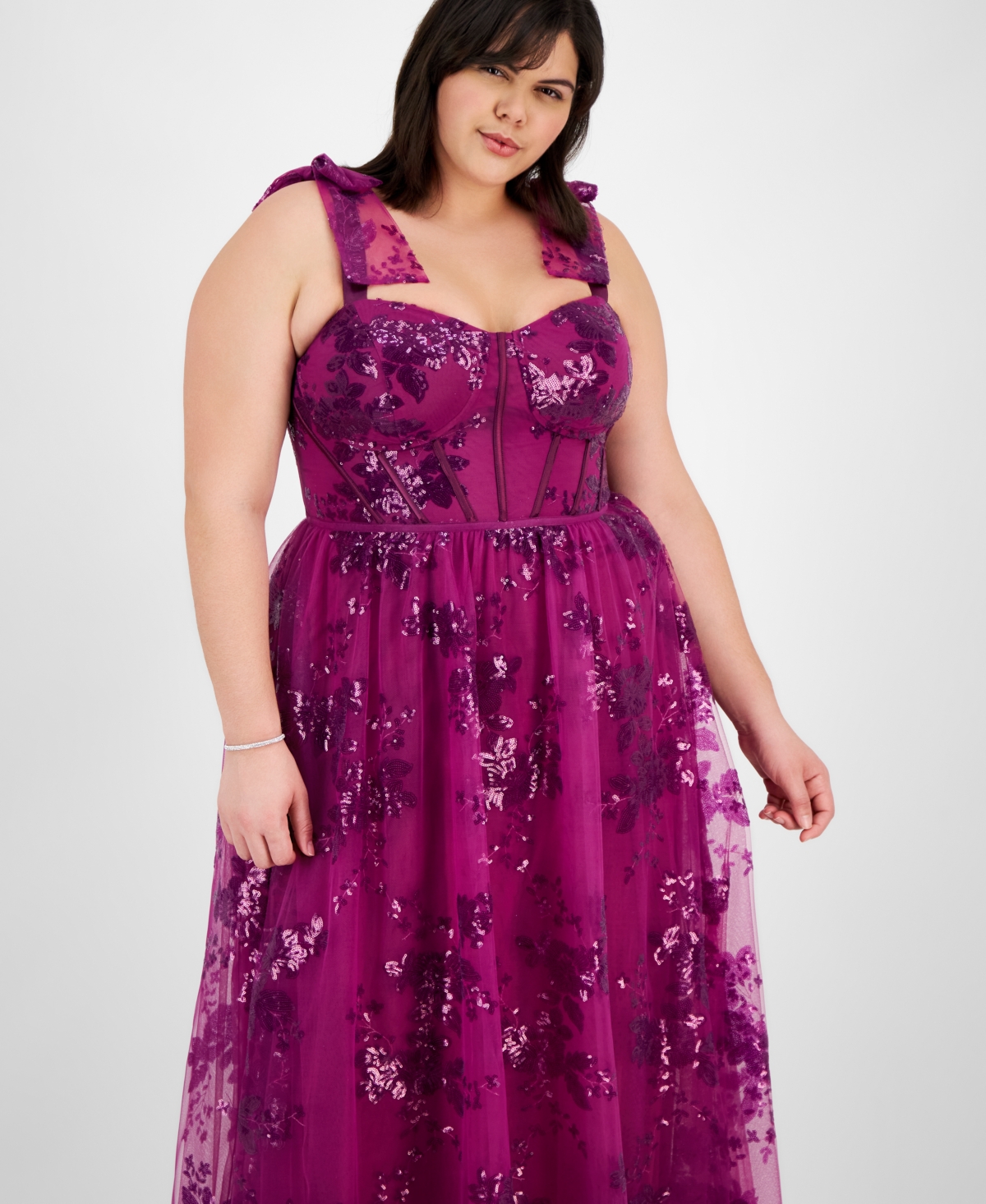 CITY STUDIOS PLUS SIZE SEQUIN TULLE CORSET GOWN, CREATED FOR MACY'S 