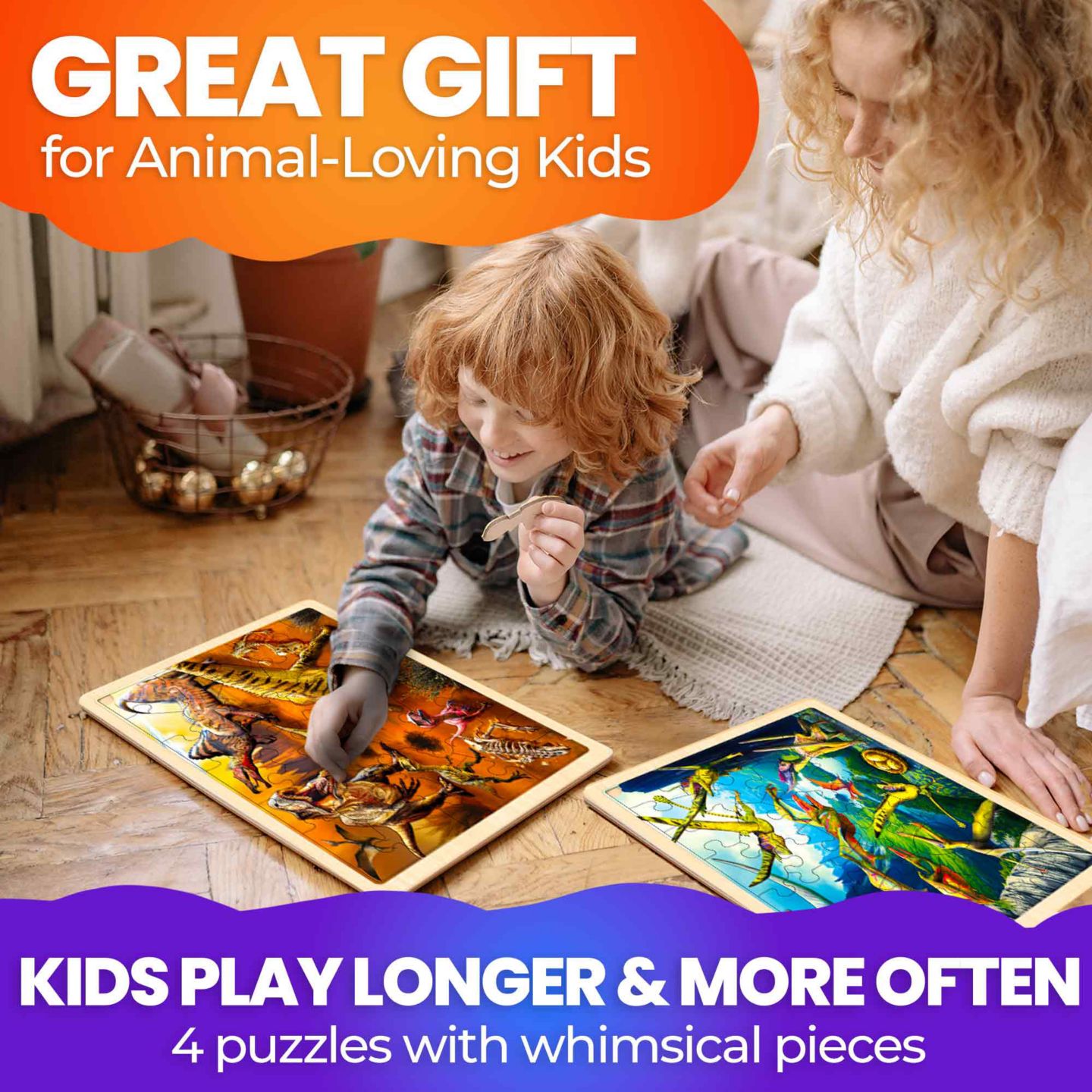 Детские игрушки Quokka Wooden Animal 36-Piece Puzzles, 4-Puzzle Set, Ages 4+, цвет: Dino — фото 3