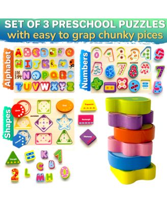 3xSET Chunky Wooden Puzzles for Toddlers 1-3 - Numbers Alphabet Shapes
