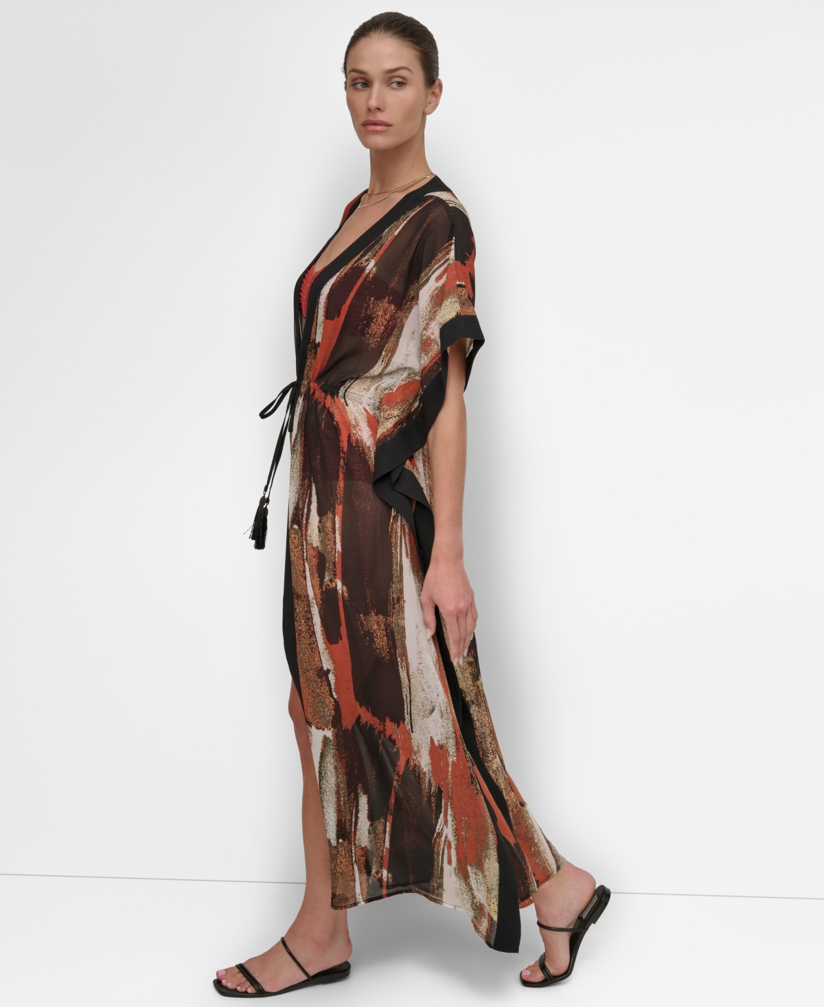 Shop Dkny Women's Tie-front Cover-up Kaftan In Paint Stroke (truffle,black Multi)