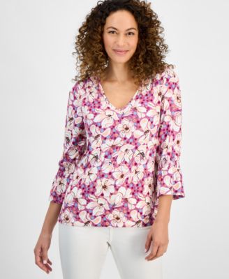 Style & Co - Petite Blooming Floral V-Neck Smocked-Shoulder Top