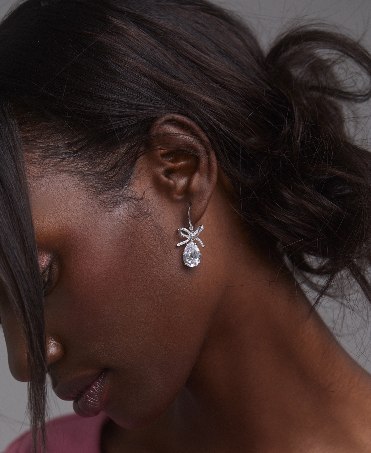 Eliot Danori Silver-tone Pave Bow & Pear-shape Cubic Zirconia Drop Earrings, Exclusively At Macy's In Rhodium