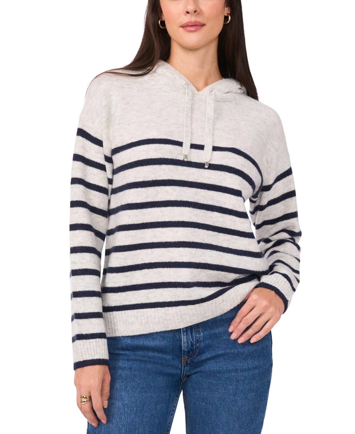 Shop Vince Camuto Women's Striped Hoodie Sweater In Silver Heather