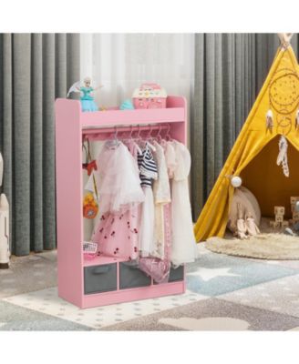 Kids Open Hanging Armoire Closet with Mirror, Costume Organizer Rack, Pink