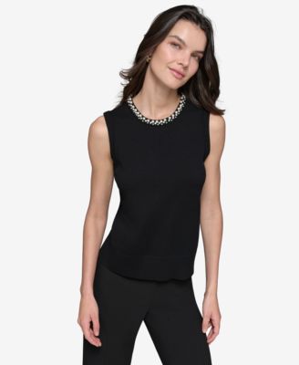 KARL LAGERFELD PARIS - Women's Embellished-Neck Sleeveless Knit Top