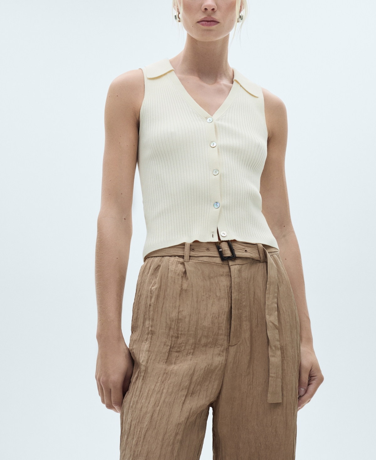 Mango Women's Belt Detail Textured Pants