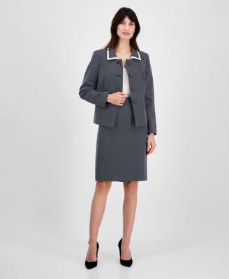 Women's Seamed Birdseye Tweed 2 Piece Skirt Suit, Regular & Petite