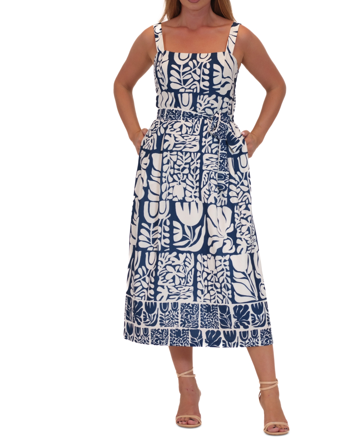 Julia Jordan Women's Printed Tie-waist Sleeveless Midi Dress In Blue,ivory