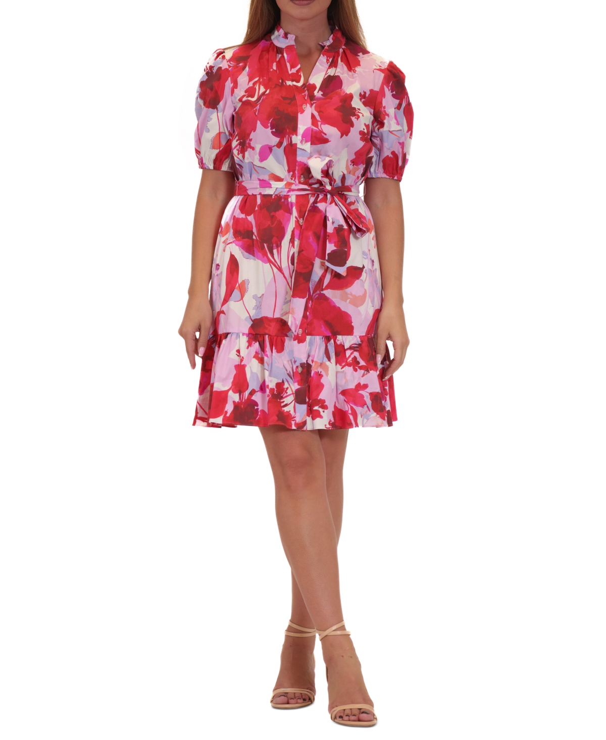 julian jordan Women's Floral Puff-Sleeve Tie-Waist Shirtdress - Red Multi