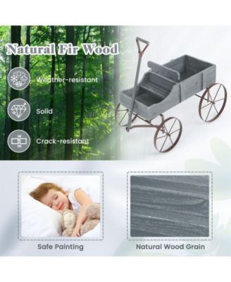 Wooden Wagon Plant Bed with Metal Wheels for Garden Yard Patio-Gray