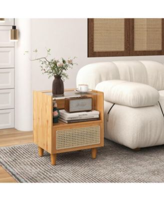 Bamboo Rattan Nightstand with Drawer and Solid Wood Legs-Natural