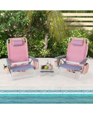 2 Packs 5-Position Outdoor Folding Backpack Beach Table Chair Reclining Chair Set-Pink